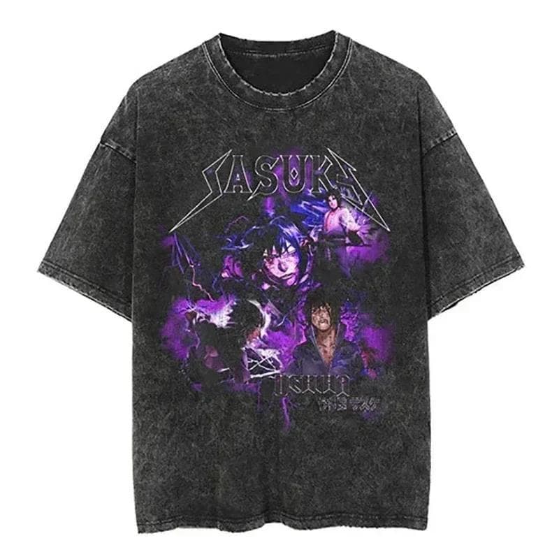 Streetwear T-Shirt Japanese Anime Graphic Vintage Washed Black