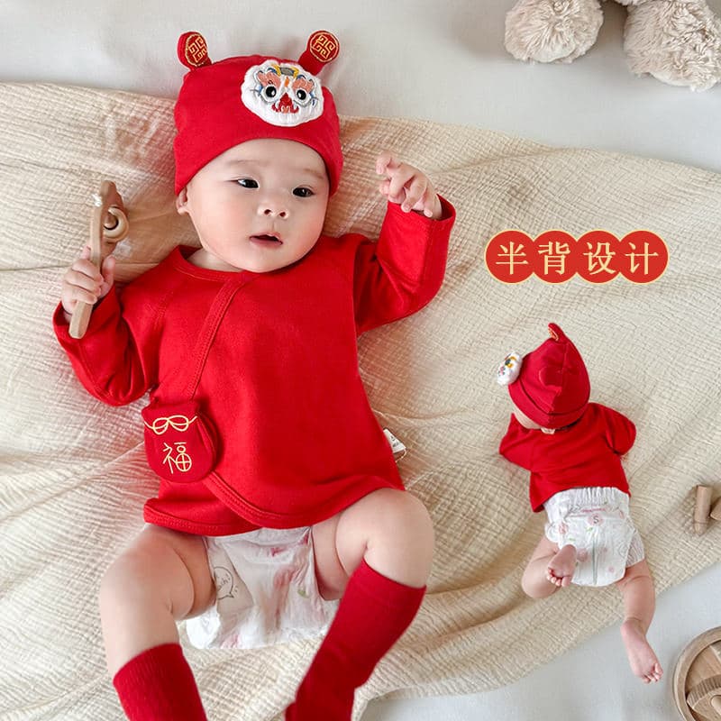 Newborn half-back shirt pure cotton seamless four-season bright red festive top, infant 0-2 months full moon outfit