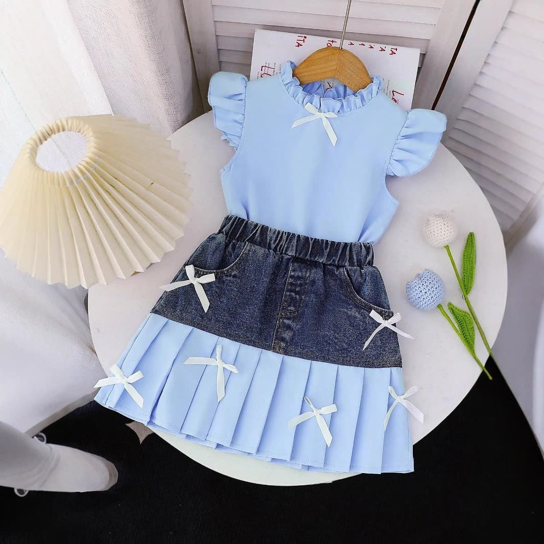 2026 New Spring/Summer Cross-Border Girls' Ruffle Collar Flutter Sleeve Top Bow Denim Patchwork Denim Dress Two-Piece Set