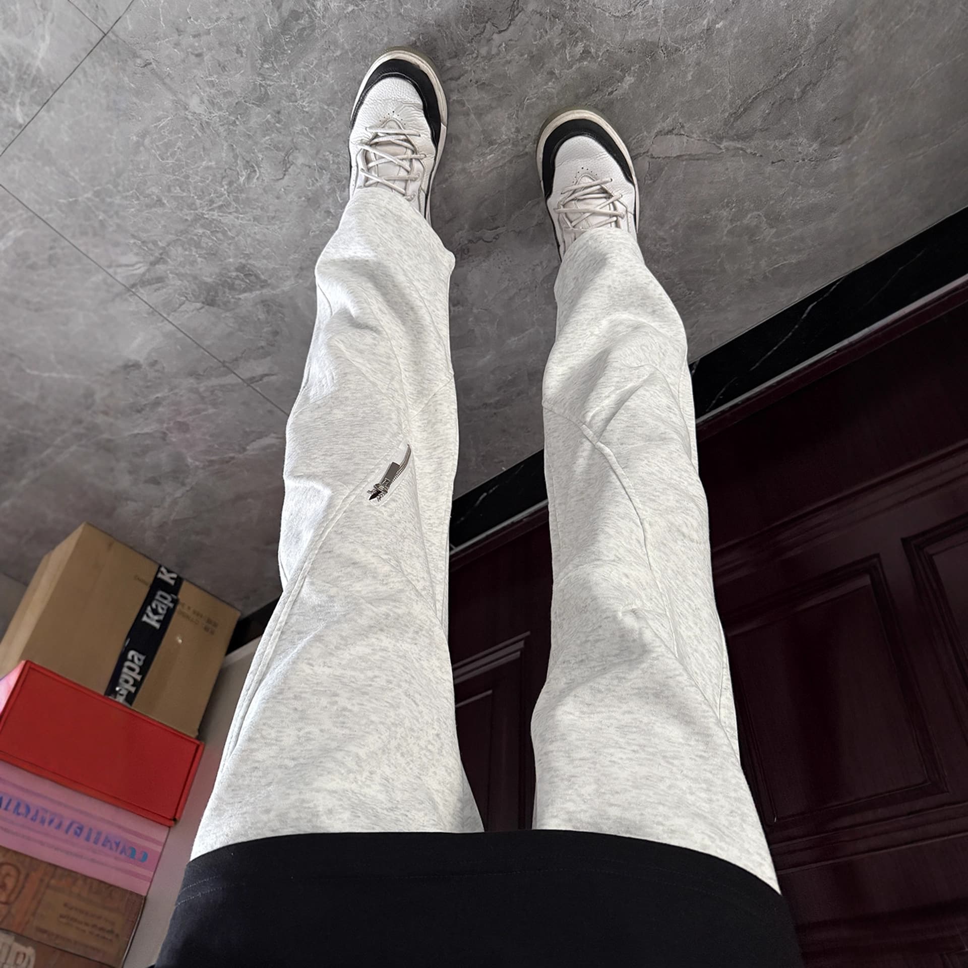 White floral gray pleated paratrooper sweatpants men's autumn zipper design sports pants American casual slightly flared straight pants