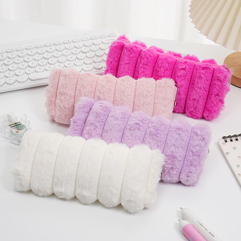 Cross-border plush striped imitation rabbit fur pencil bag large capacity student desktop stationery organizer bag travel storage pencil case