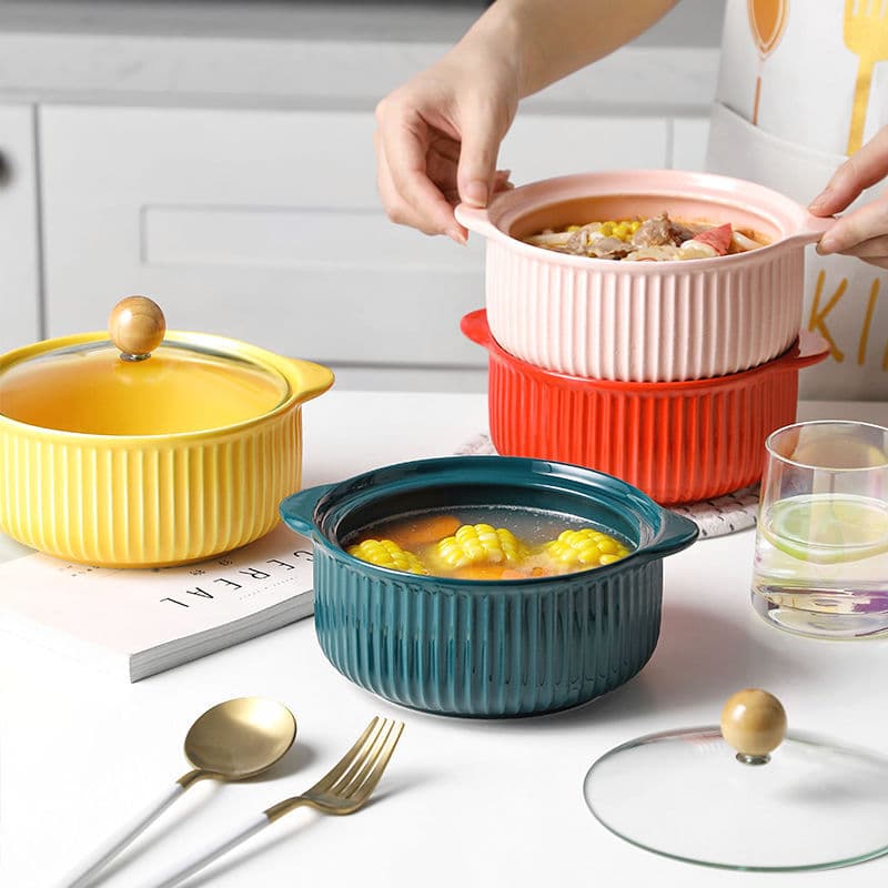 Ins Striped Ceramic Noodle Bowl with Lid and Double Handles, Underglaze Color Soup Bowl for Luosifen, Microwave-Safe for Dormitory