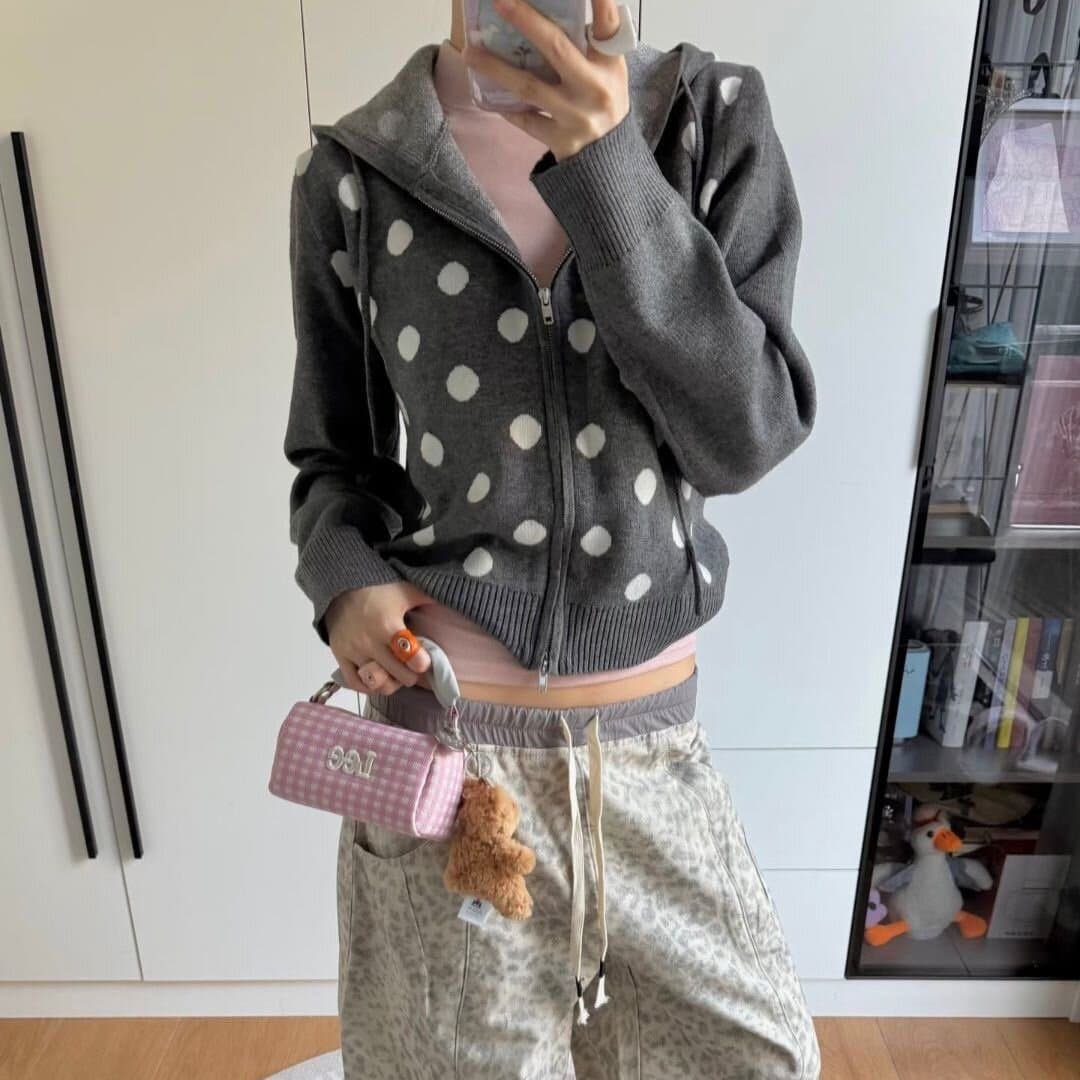 2026 Europe and America Polka Dot Cardigan Long Sleeve Sweater Women Vacation Loose Relaxed Casual Sweater Top