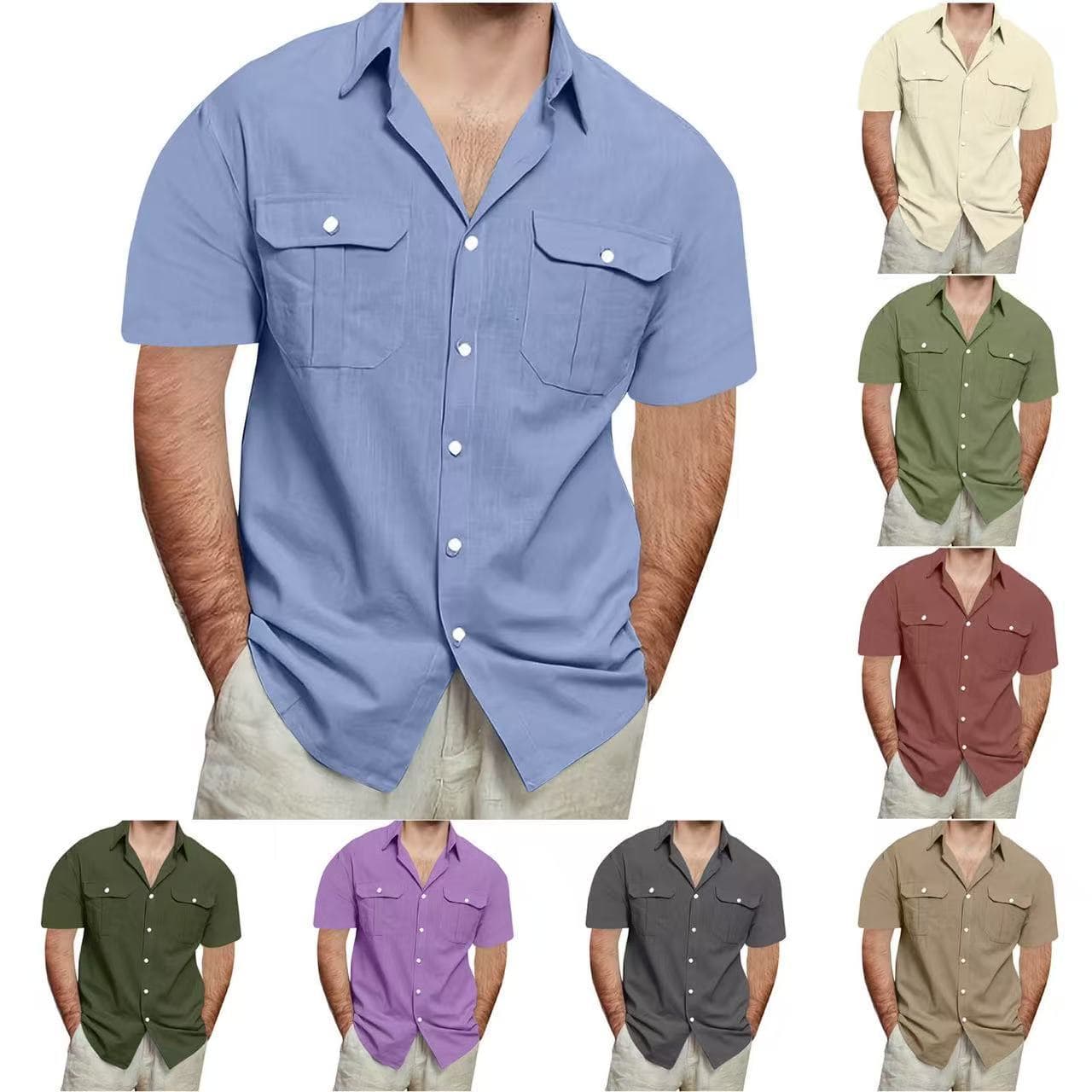 Cross Border AliExpress EBAY European and American Men's Shirt Double Pocket Cotton Linen Short Sleeve Shirt Casual Vacation Shirt 8 Colors