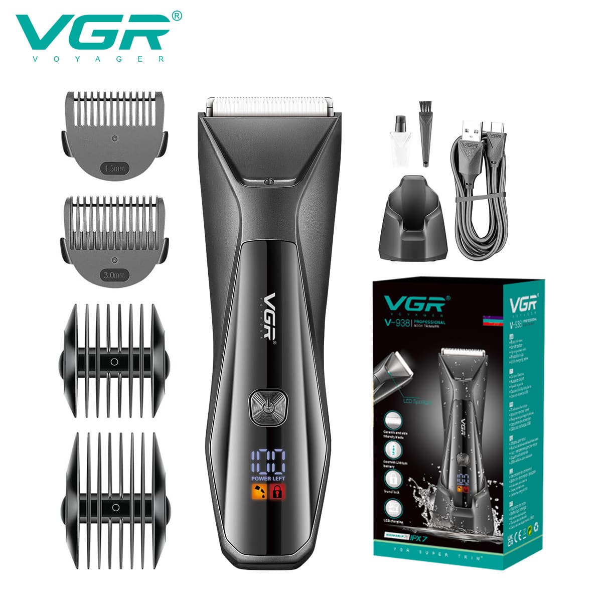 VGR938 New Cross-Border IPX7 Washable Hair Clipper with LCD Digital Display, Home Electric Hair Trimmer