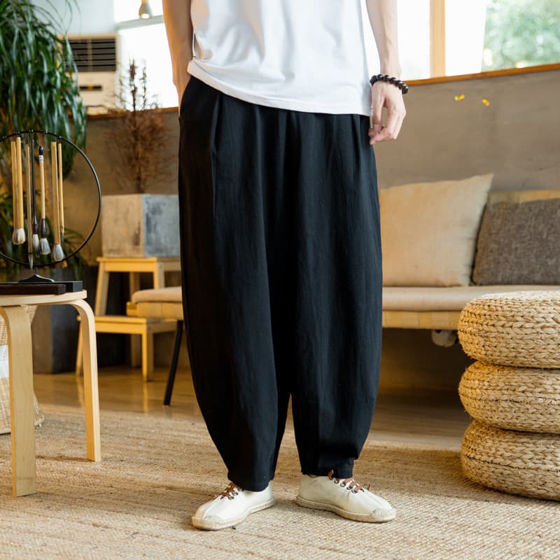 Summer Chinese Style Cotton Linen Pants Men's Loose Fit Plus Size Bloomers Solid Color Casual Bell Bottoms Cotton Linen Trousers