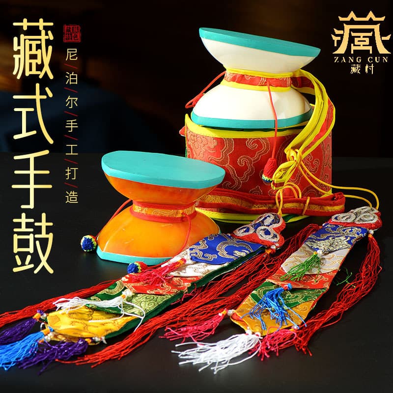 Tibetan Village Imported Nepalese Hand Drum - Mulberry Wood and Sheepskin, Tibetan Square and Round Drums with Patterns, Desktop Ornament