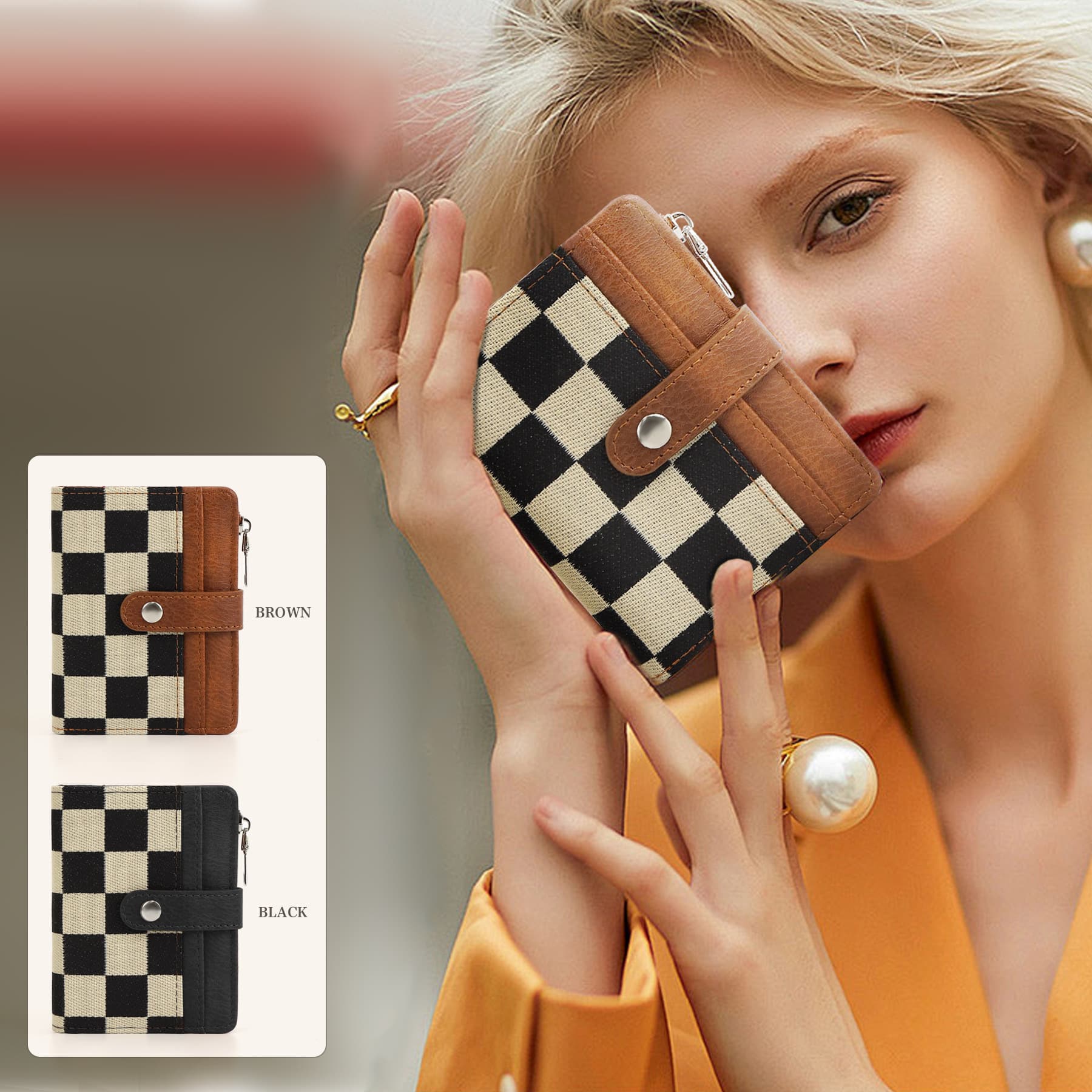 Spot Cross-Border New Product Checkerboard Grid Multi-Card Slot Coin Purse Small Wallet Bank Card Holder Portable Women
