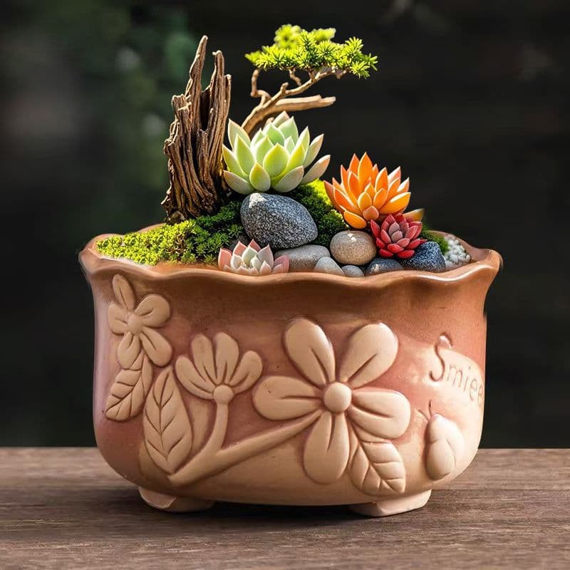 Elegant Pink Cluster Rustic Table Succulent Ceramic Pot Creative Plant Decoration Hand-Painted Flower Pot Home Potted Plant