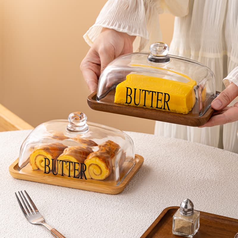 Rectangular dessert glass cover wooden tray cheese butter dish cheese box storage tray butter box butter dish