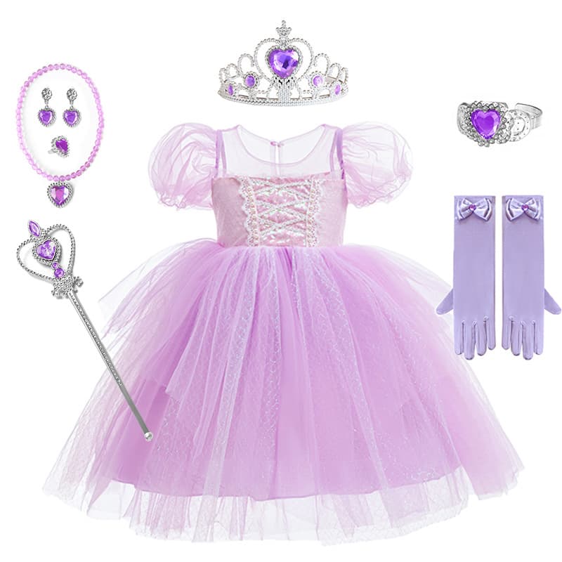 Girls Summer Dress Bubble Sleeve Rapunzel Princess Dress Sofia Children Mesh Tulle Gown Baby Girl Puffy Dress