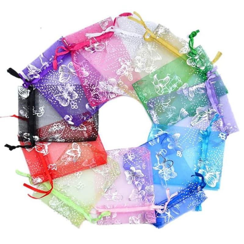 Snow Gauze Drawstring Bag with Gold and Silver Hot Stamping, Colorful Butterfly Drawstring Pouch for Jewelry Gift Storage, Organza Mesh Bag