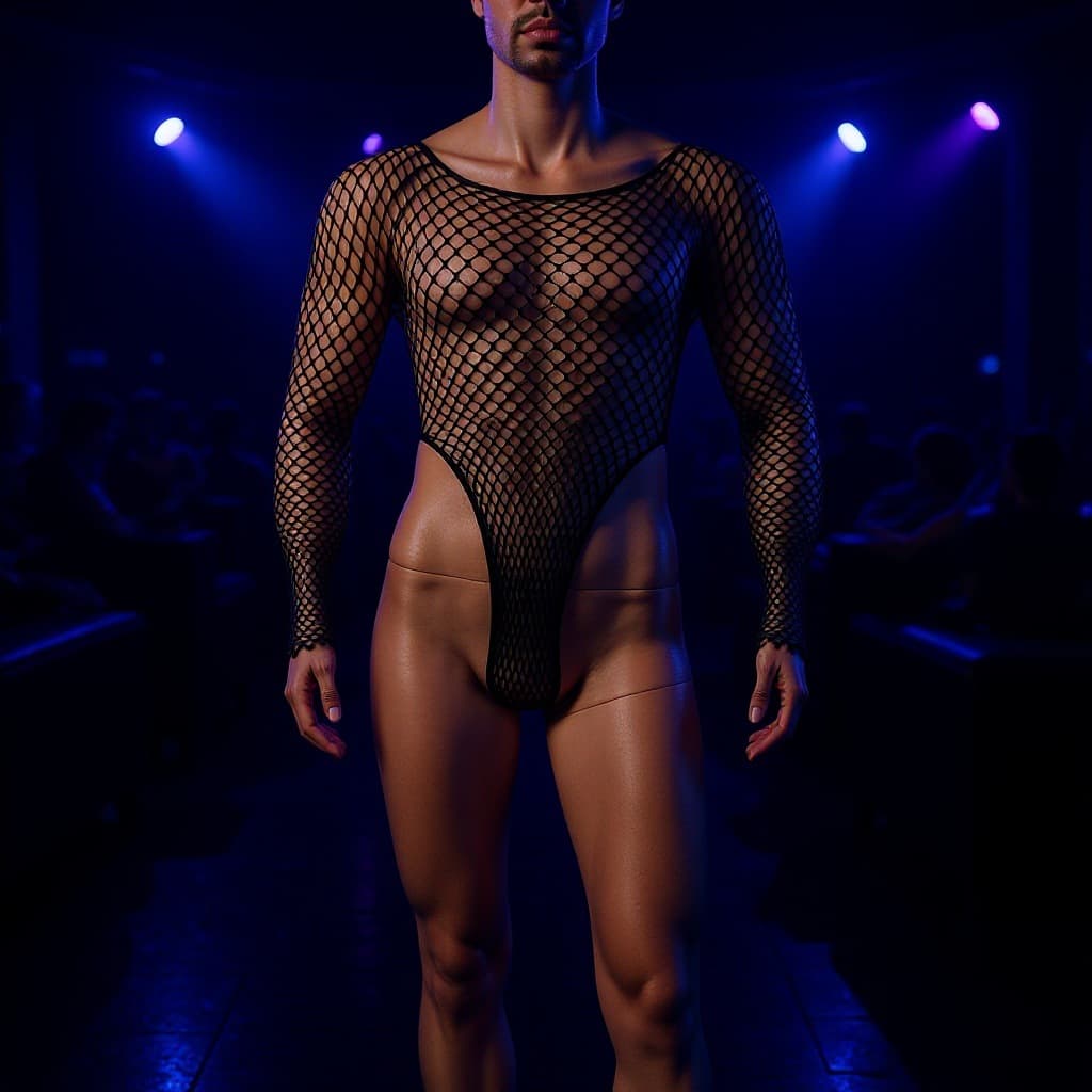 European American Lingerie Bodysuit Mesh Bodysuit Sexy Lingerie Men's Tight Round Neck Long Sleeve Cutout Bikini Bodysuit