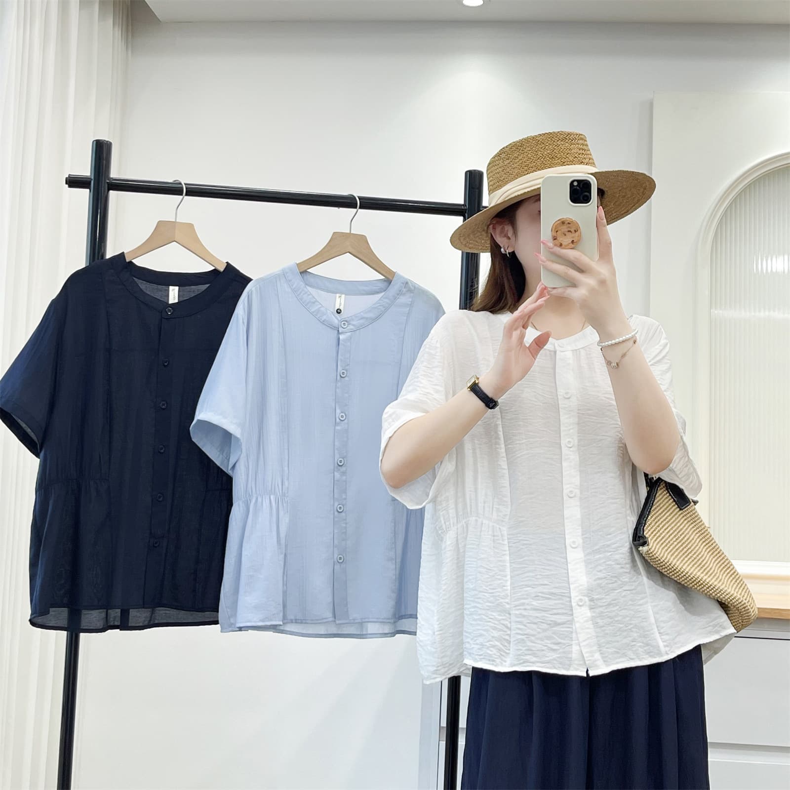 Fat girl shirt short-sleeved pleated waist top thin 2026 summer round neck simple shirt plus size women's cardigan 809