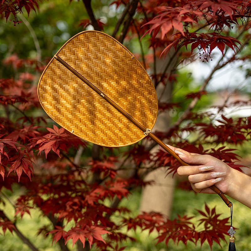 Chinese Style Handmade Bamboo Woven Lacquer Fan Vintage Home Summer Cooling Palm Leaf Fan Round Fan Banana Leaf Fan Waist Fan
