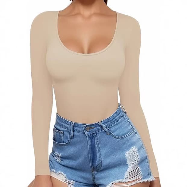 2024 Amazon Women's Low Round Neck Long Sleeve Slim Fit T-Shirt with Waist Cinch