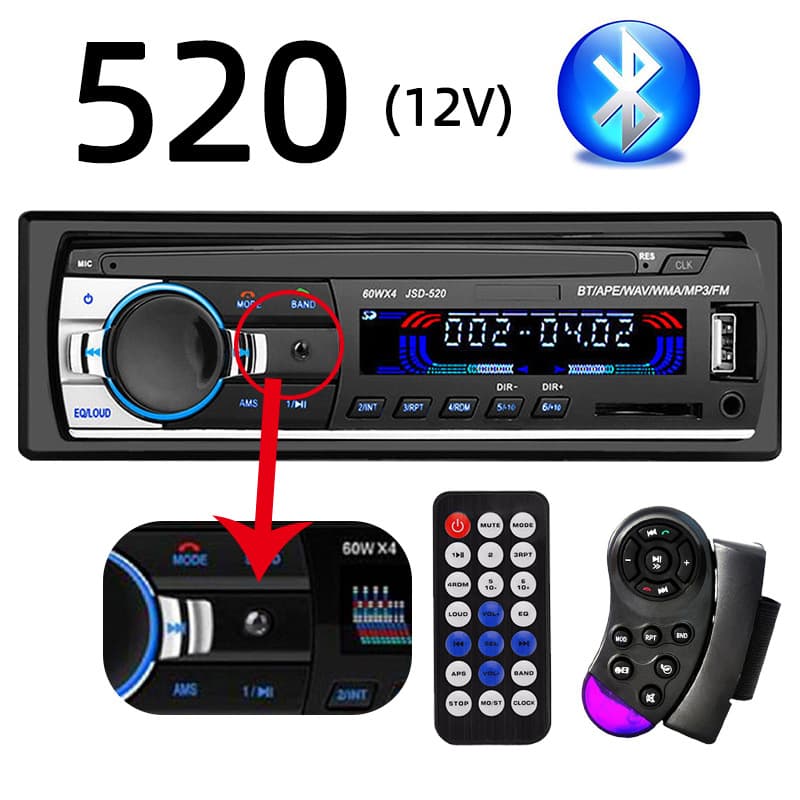 12V Car Bluetooth MP3 Player FM Radio with Card and USB Support, Audio 520, Universal with Steering Wheel Control