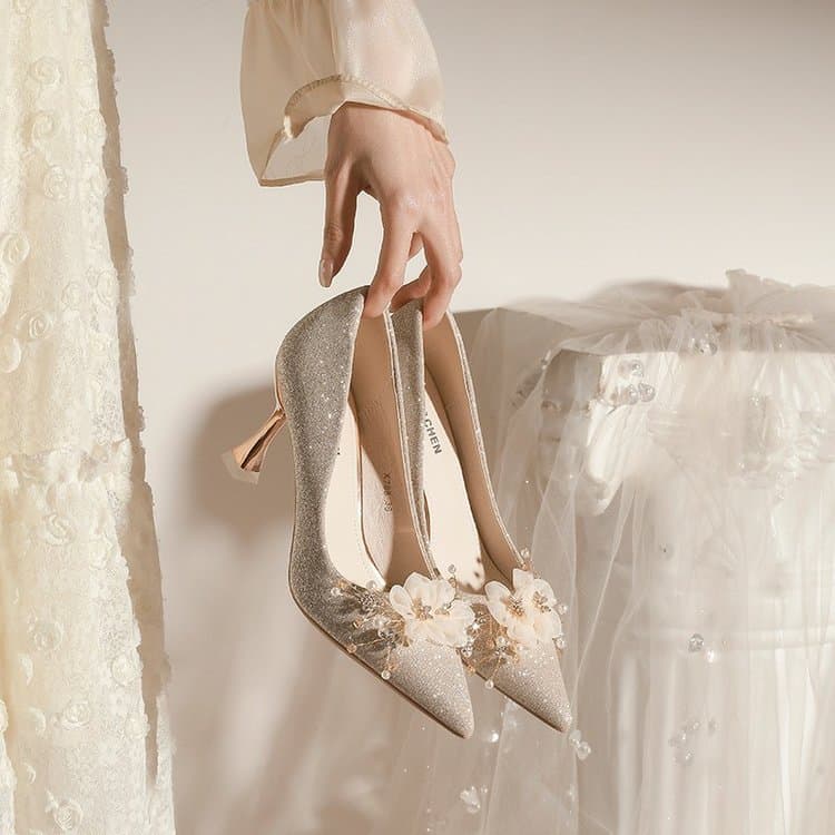 Crystal Wedding Shoes for Women 2025 New Style, Bride Wedding Shoes for Xiuhe and Main Wedding Dress, Comfortable Champagne Color, Thin Heel High Heels