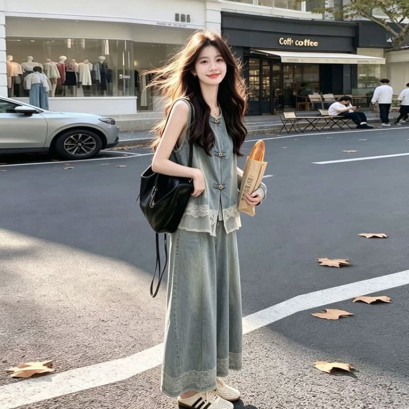 Lace Patchwork Denim Buttoned Vest and Wide-Leg Pants Set for Women, 2026 Summer New Casual Slimming Versatile Two-Piece Set