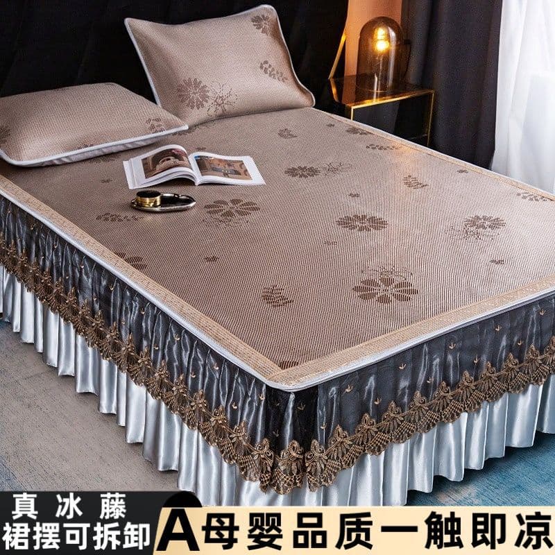 2024 New Ice Vine Mat Bed Skirt Ice Silk Mat Washable Three-Piece Set Thick Mat Removable Summer Bed Skirt Cover