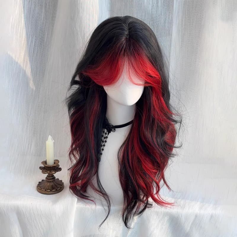 [Bloody Mary] Wig for women with punk style black and red bangs dyed with center parting highlights and long curly hair personalized full headgear
