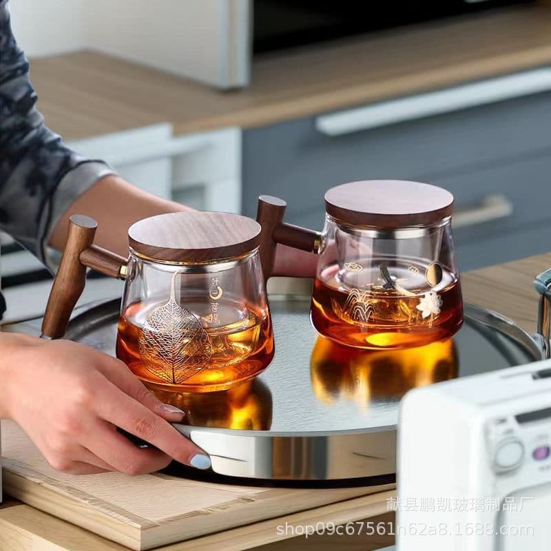 Spot glass teacup wooden handle three-piece cup office one-leaf bodhi cup tea water separation teapot tea set