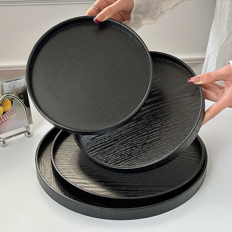 Black Wooden Tray Round Tea Cup Tray Coffee Shop Dessert Plate Cake Plate Solid Wood Plate Dinner Plate