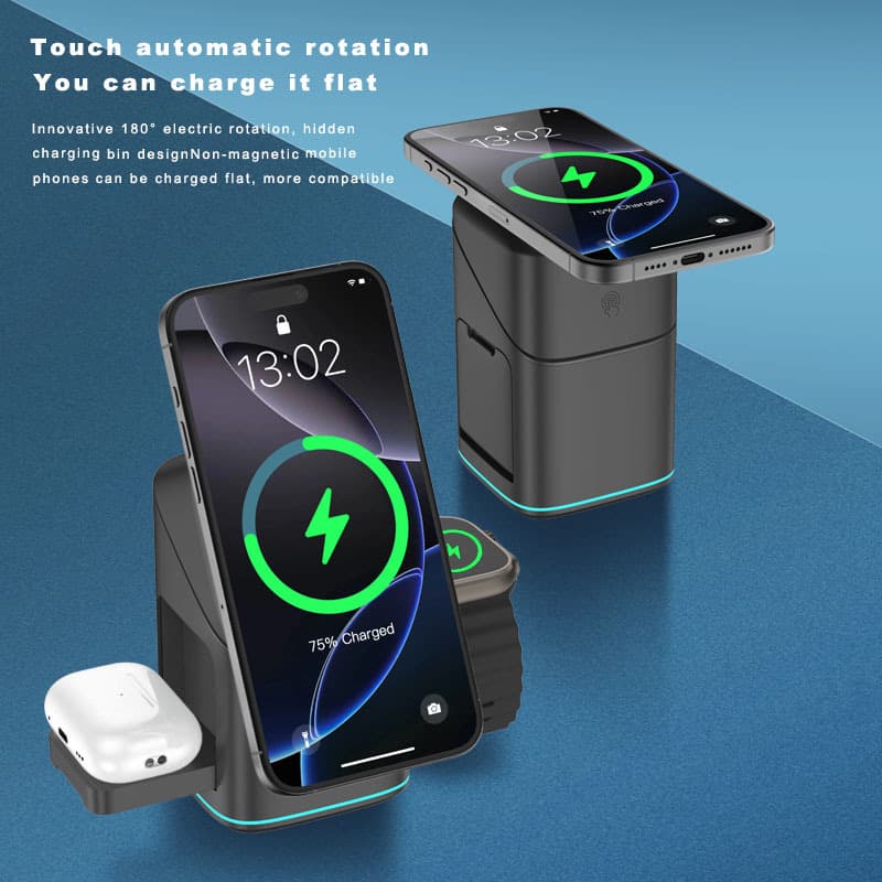Qi2 Three-In-One Wireless Charger Touch Rotating 15W Magnetic Fast Charger Suitable for Apple Samsung Mobile Phones and Watches