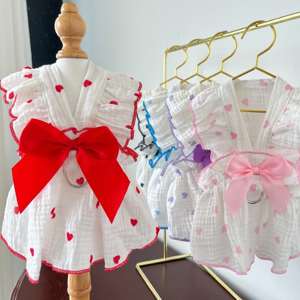 Adorable Polka Dot Pet Dress with Bow Leash Skirt for Bichon, Pomeranian Heart Dress, Cat Princess Dress Costume