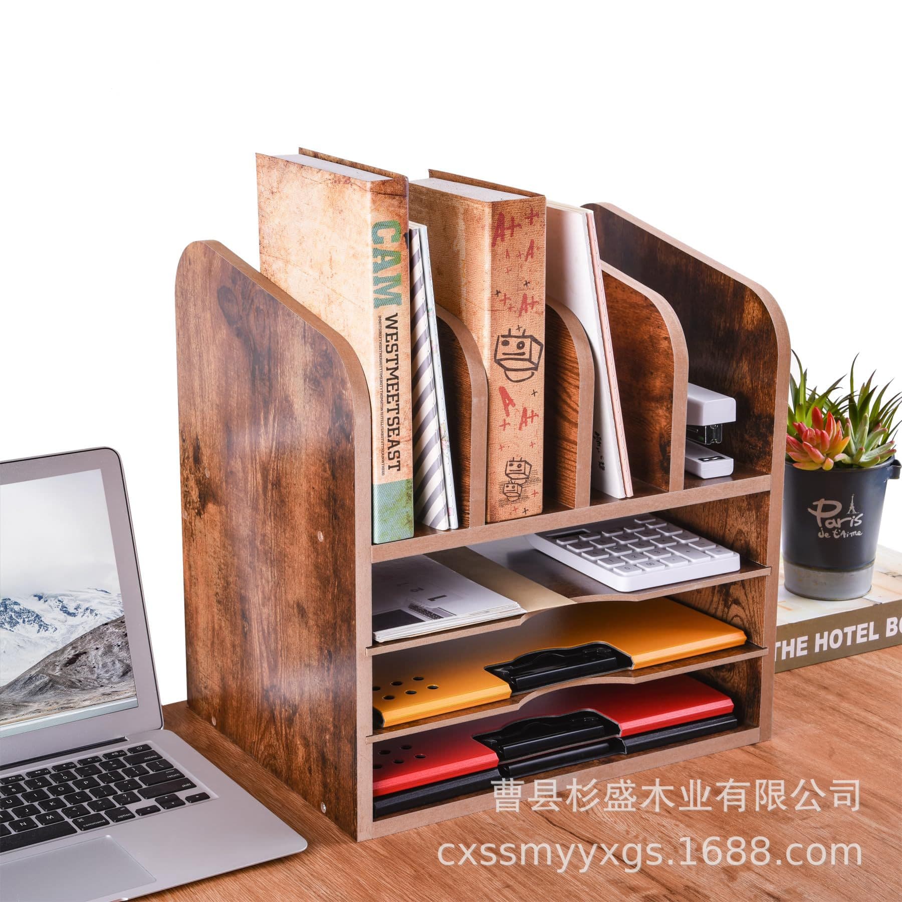 Wooden Home Office Desktop File Storage Box with 4 Vertical File Holders Desktop Paper Organizer