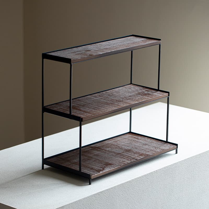 Three-tiered trapezoidal tea shed, tea set and teapot storage and display cabinet, cup rack, and tea set shelf made of wrought iron and solid wood.