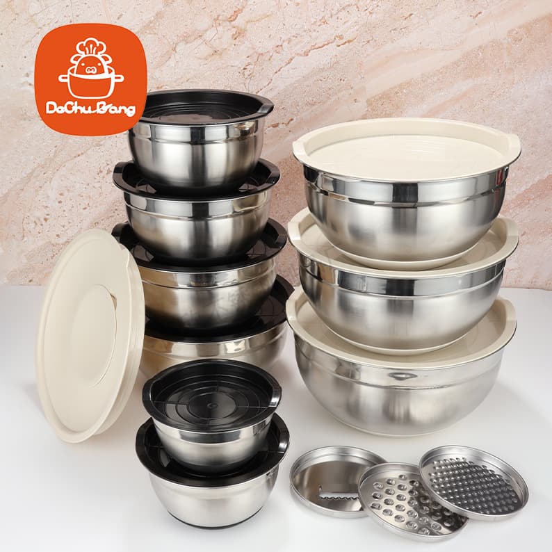 Thickened stainless steel salad basin commercial with lid color silicone bottom non-slip egg beating basin kitchen baking mixing basin