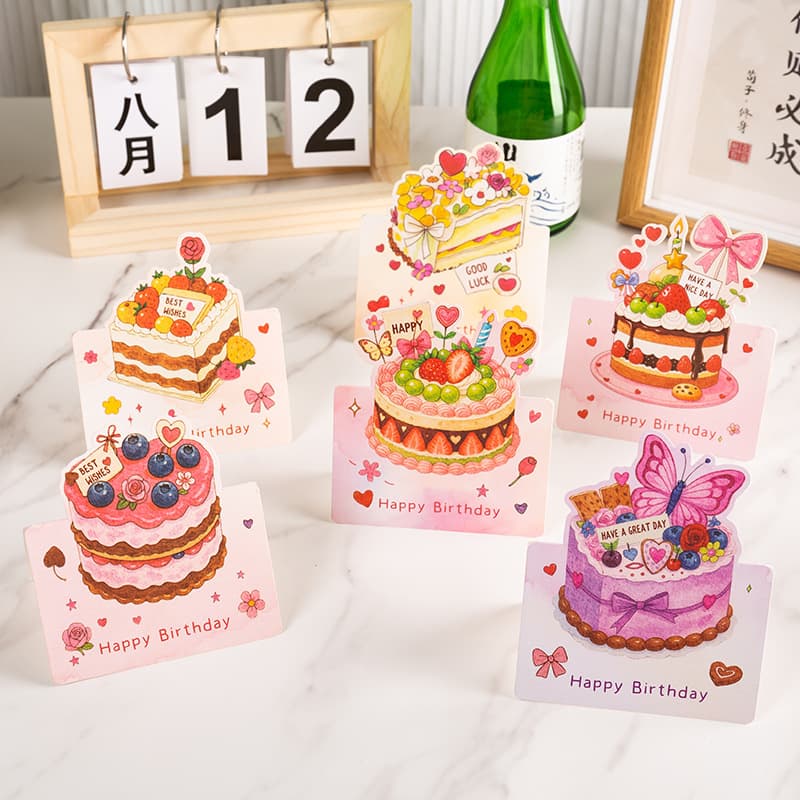 Cross-Border Watercolor 3D Birthday Cake Creative Greeting Cards for Gifts