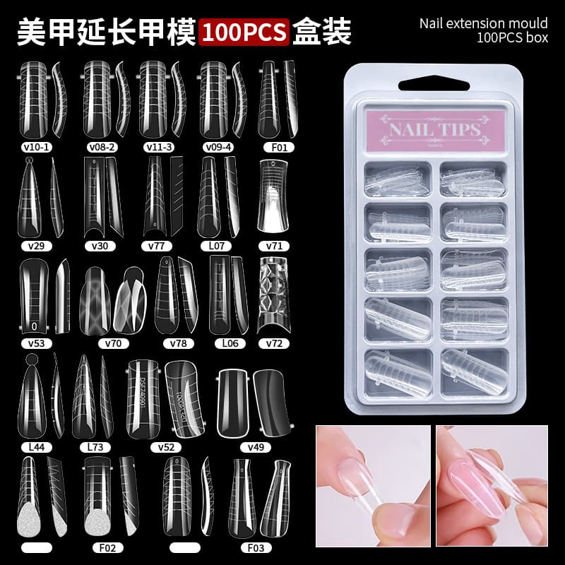 Cross-border manicure extension nail mold 100 pieces in PVC blister box transparent nail mold with scale crystal nail mold
