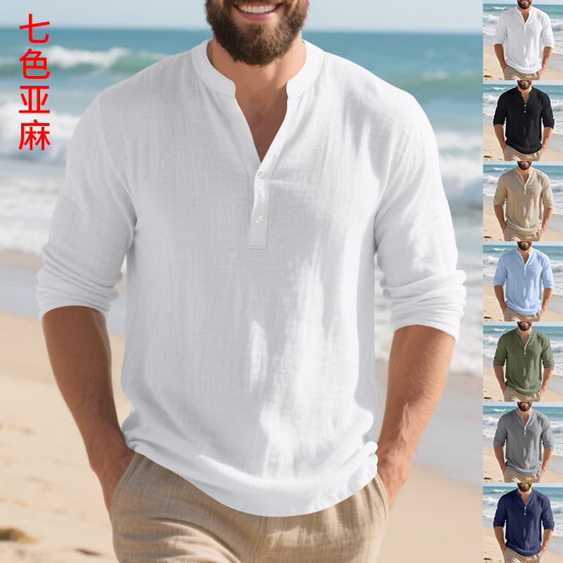 Cross-Border European and American Linen Shirt Stand-Up Collar Buttoned Men's Loose Casual Breathable V-Neck Henley Shirt Long-Sleeved T-Shirt for Men