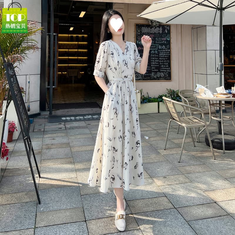 Printed French Summer British Style Casual Retro Midi V-Neck Short Sleeve Waist Slimming Floral Hong Kong Style Design Dress