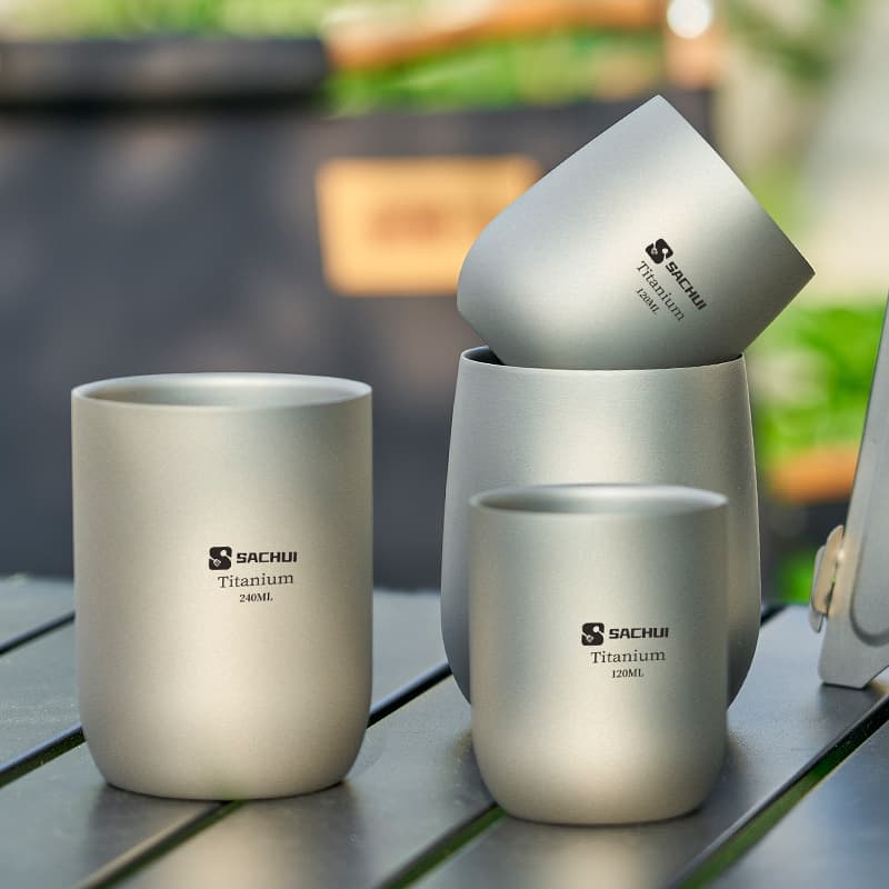 Double-layer Titanium Cup for Outdoor Picnic, Handleless Portable Camping Ultra-light Pure Titanium Tea Cup, Office Coffee Cup