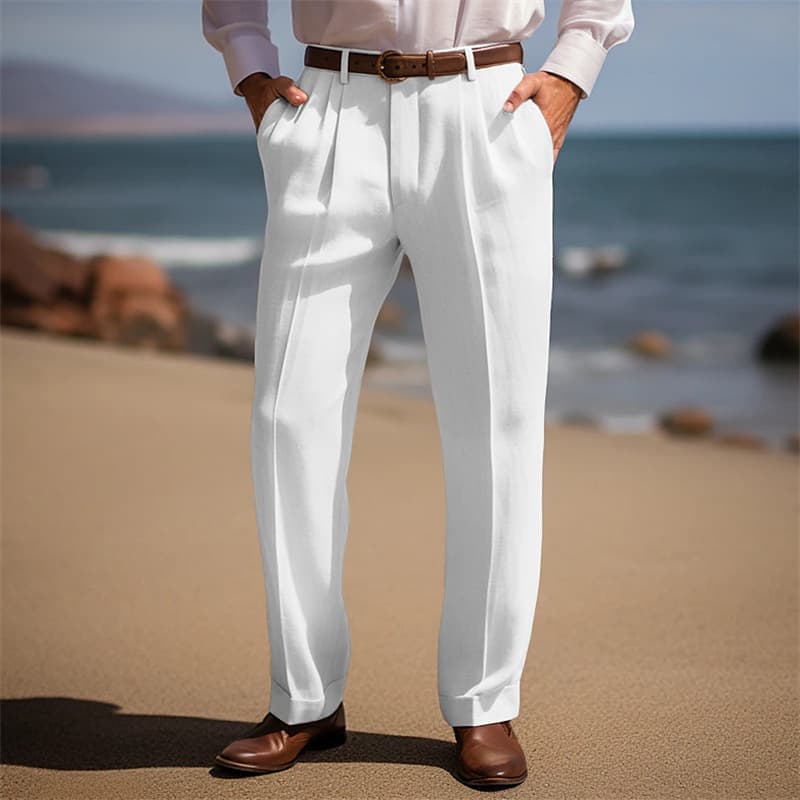 Men's linen trousers summer front pocket pleated straight plain color comfortable breathable casual daily vacation fashion base