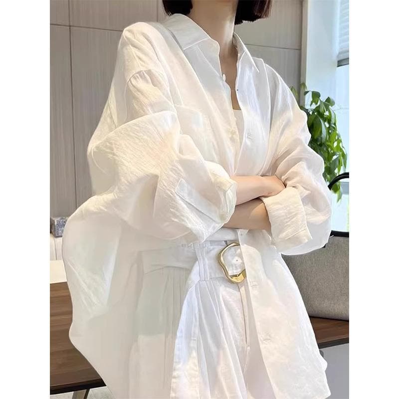 White cotton and linen long-sleeved shirt for women early spring French loose outer sunscreen shirt design niche linen top