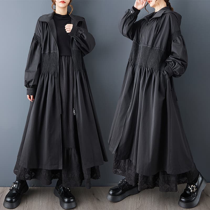 2025 Autumn New Dark Style Double-Layer Hooded Trench Coat Versatile Waist-Defining Loose Slimming Mid-Length Coat