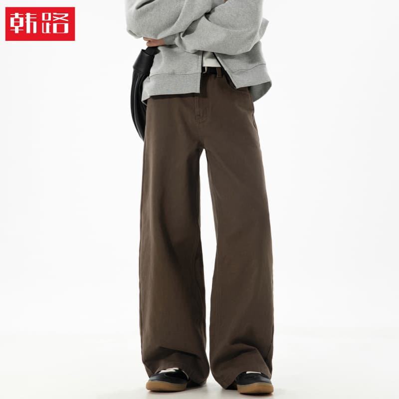 Twill Slightly Loose Straight Casual Pants for Men, New Fall Style, Textured Pure Cotton, Half Elastic Waist, Vintage Streetwear Long Pants