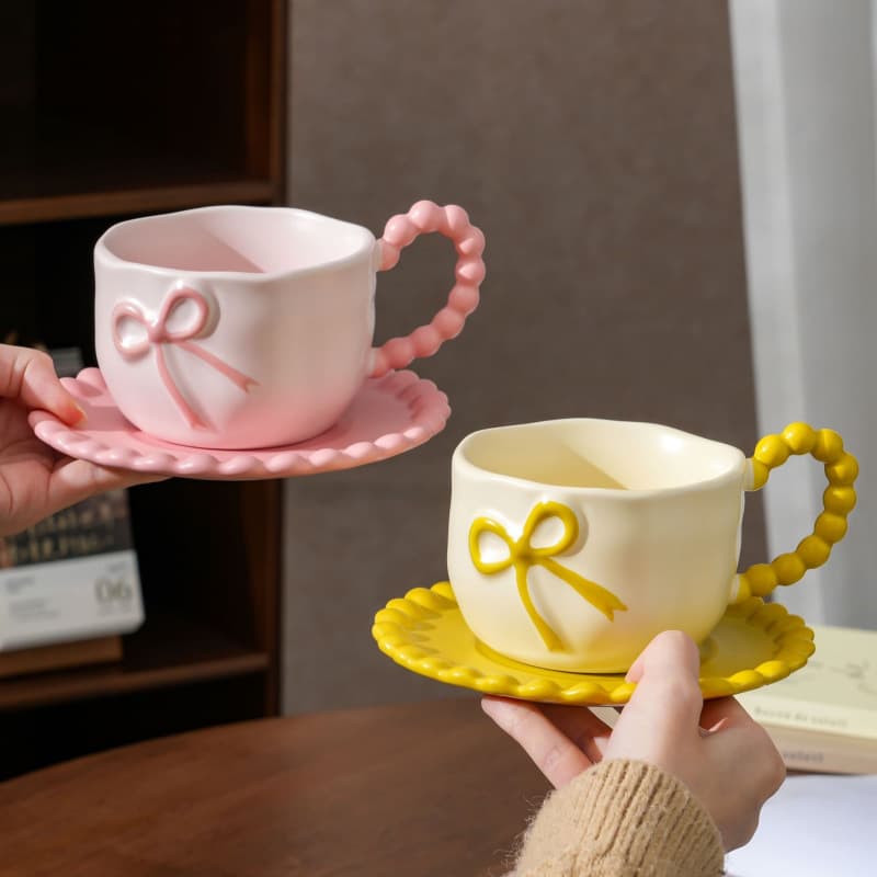 Cross-border Pink Bow Ceramic Coffee Cup and Saucer Set, High-End Home Office Mug, Couple Breakfast Cup, Gift