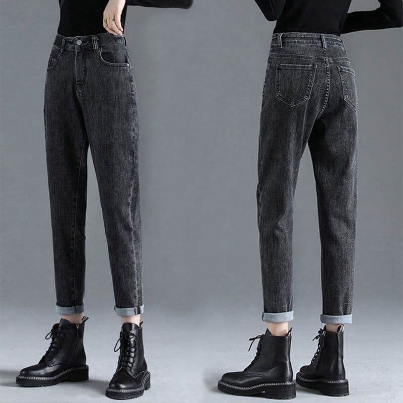 High-waist harem jeans for women, autumn/winter new style loose slimming elastic cropped straight-leg carrot dad pants trendy.