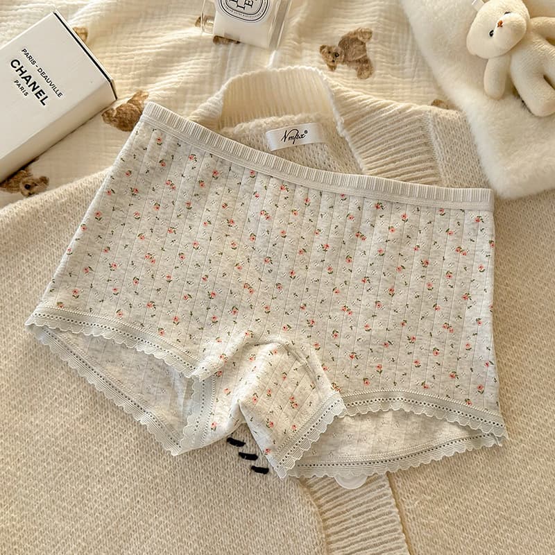Cream Floral Print Women's Boxer Briefs Ladies Cotton Crotch Summer Thin Safety Shorts 2-in-1