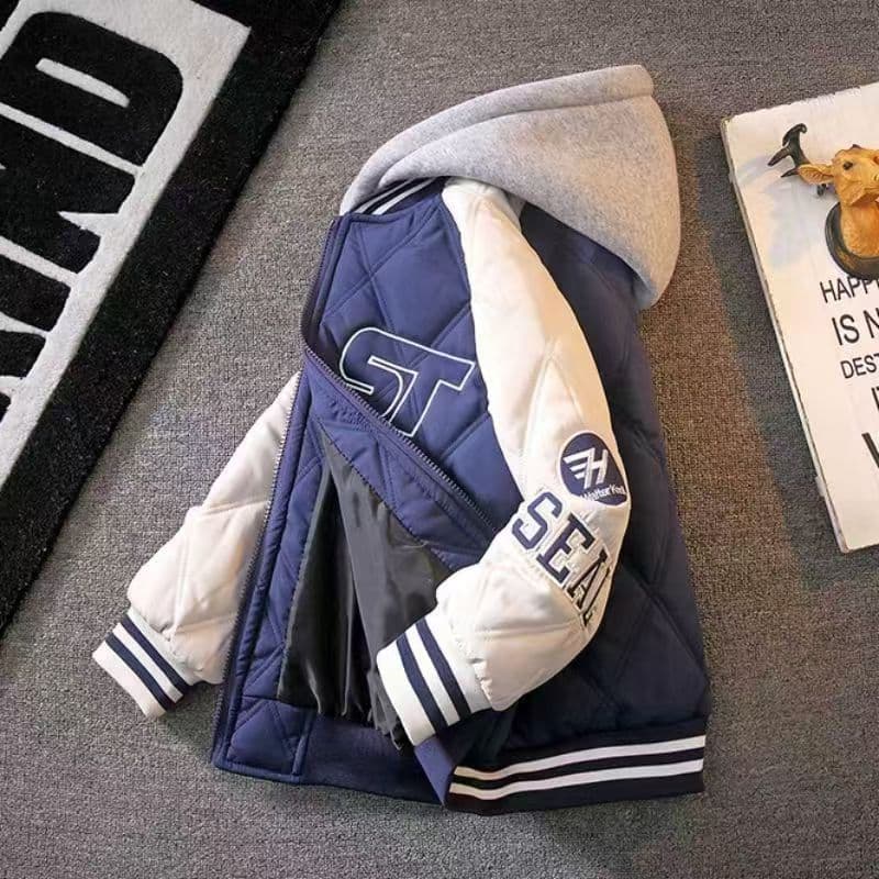 Boys' Thickened Cotton Jacket Autumn Winter Baseball Style Soft Processed Children's Coat Warm Casual Hooded Zipper Closure