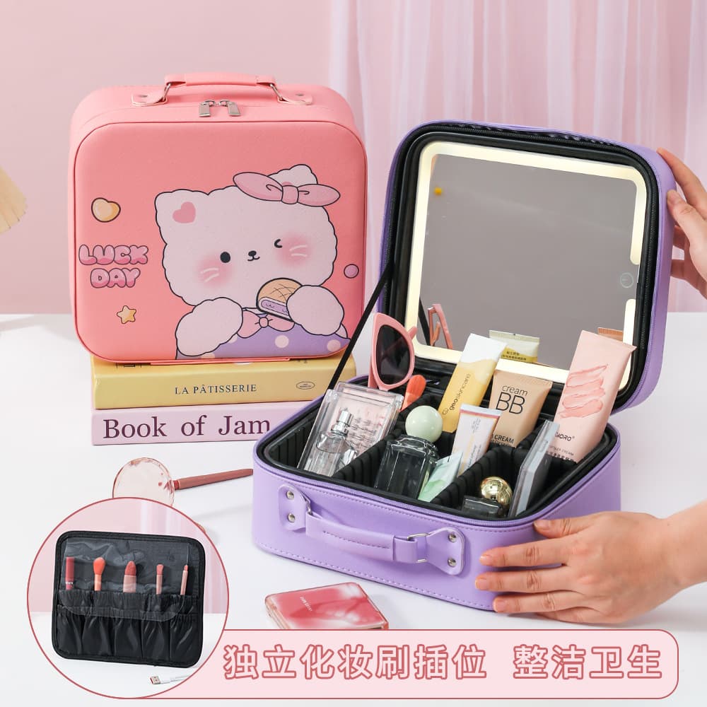 New LED Light Cartoon Makeup Case with Dividers, Multifunctional Handbag, Portable Large Capacity High Appearance Cosmetic Bag