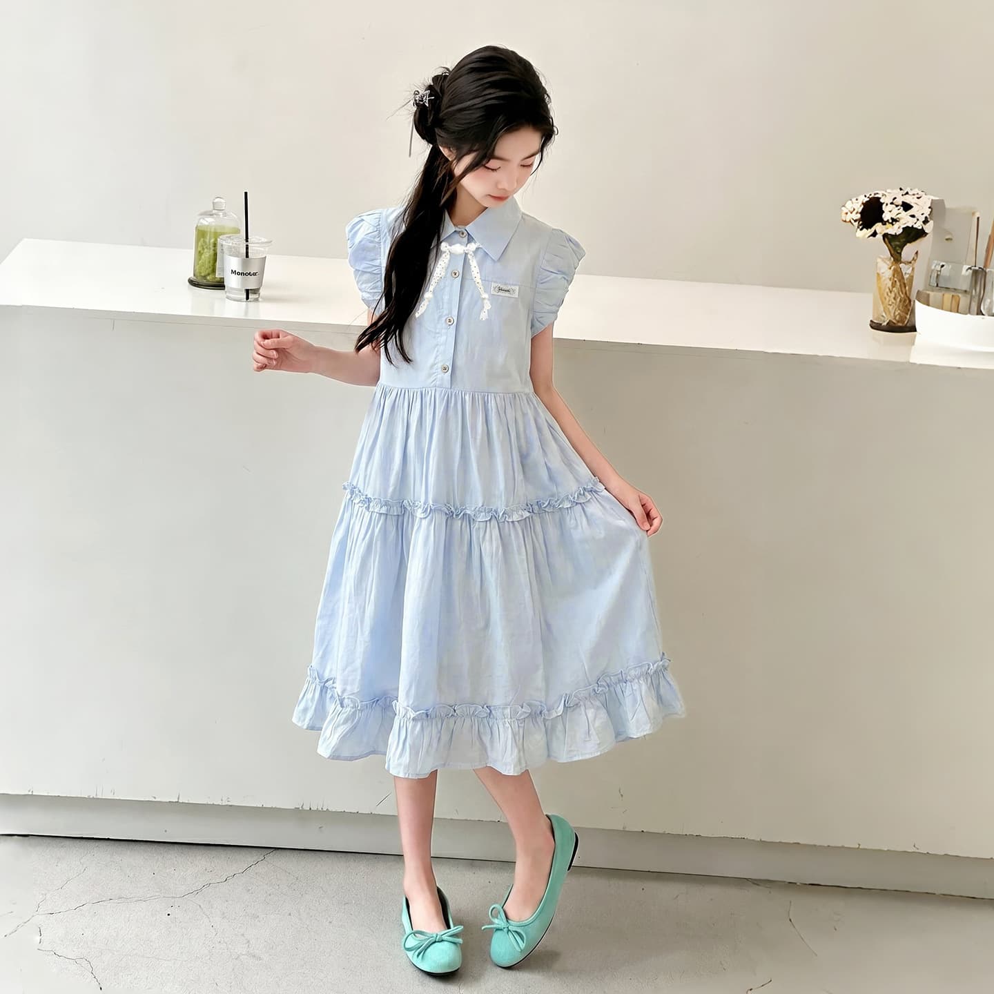 Girls Summer Dress 2026 New Style Preppy Shirt Collar Ruffle Sleeveless Tiered Midi Dress for Kids