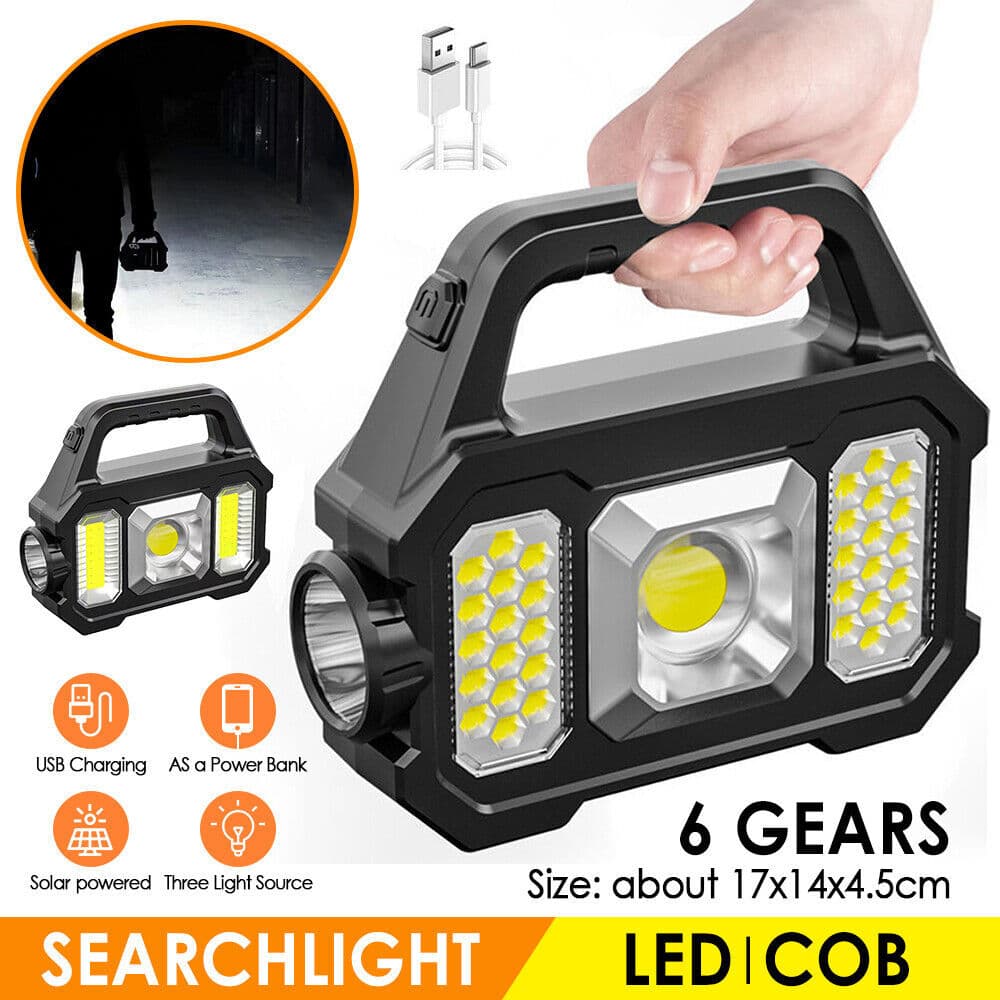 Solar Powered Flashlight COB Portable Handheld Work Light USB Emergency Rechargeable Outdoor Camping Lamp High Power Searchlight