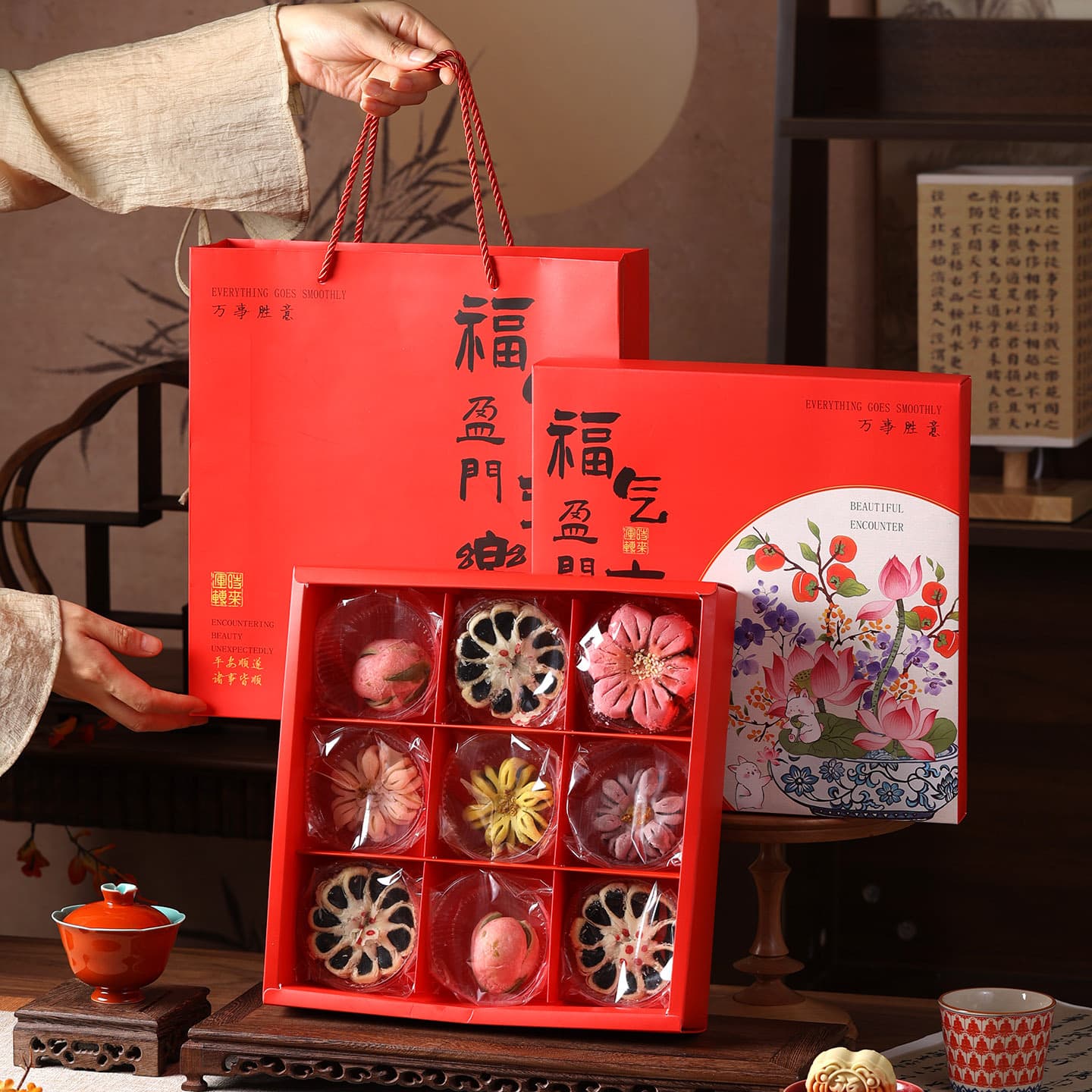 2025 Mid-Autumn Mooncake Gift Box 4-Piece 50-100g Peach Blossom Pastry Box, Snow Skin Mooncake and Egg Yolk Pastry Gift Box
