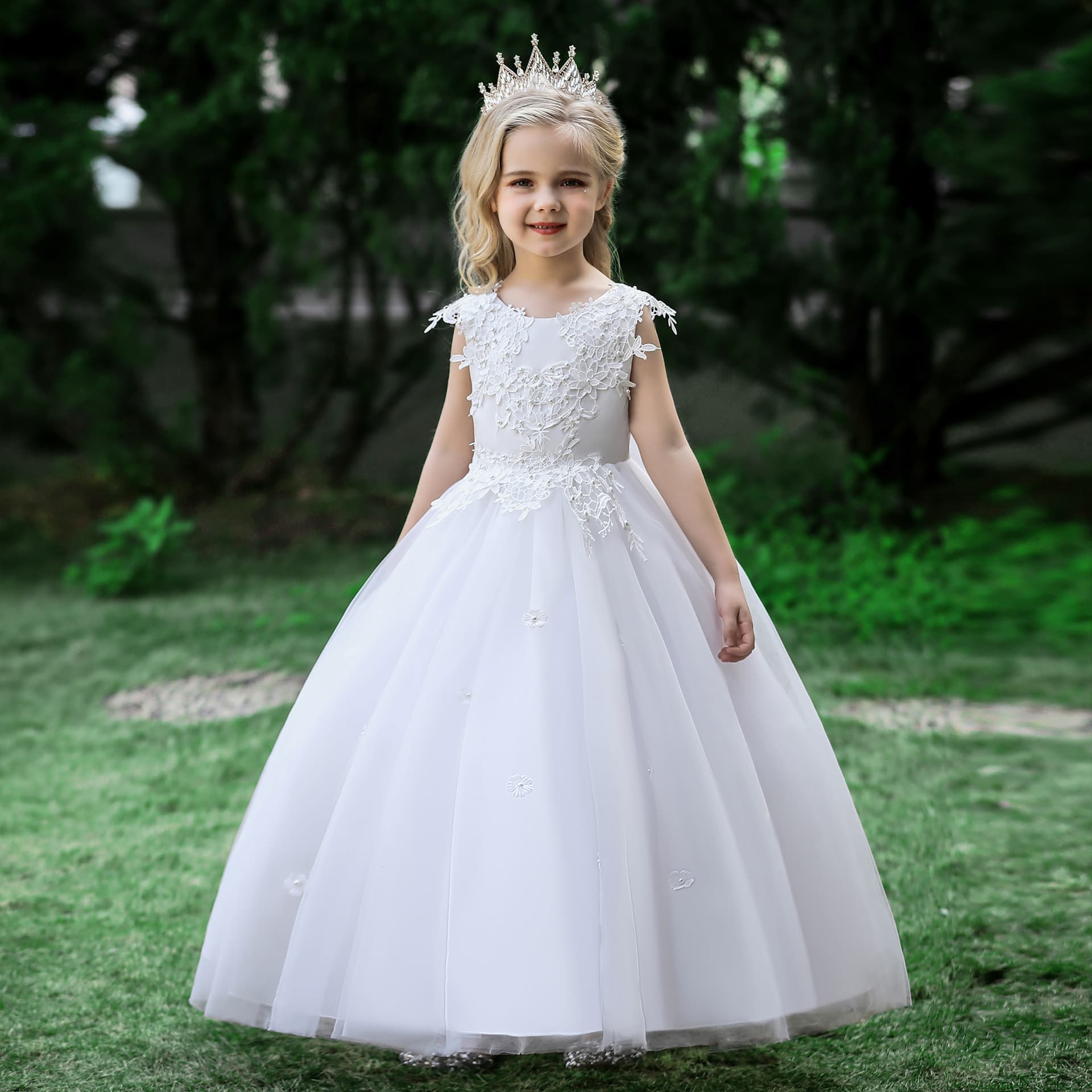 Princess Dress for Girls Spring Summer Wedding Children White Flower Girl Host Birthday Piano Performance Costume New
